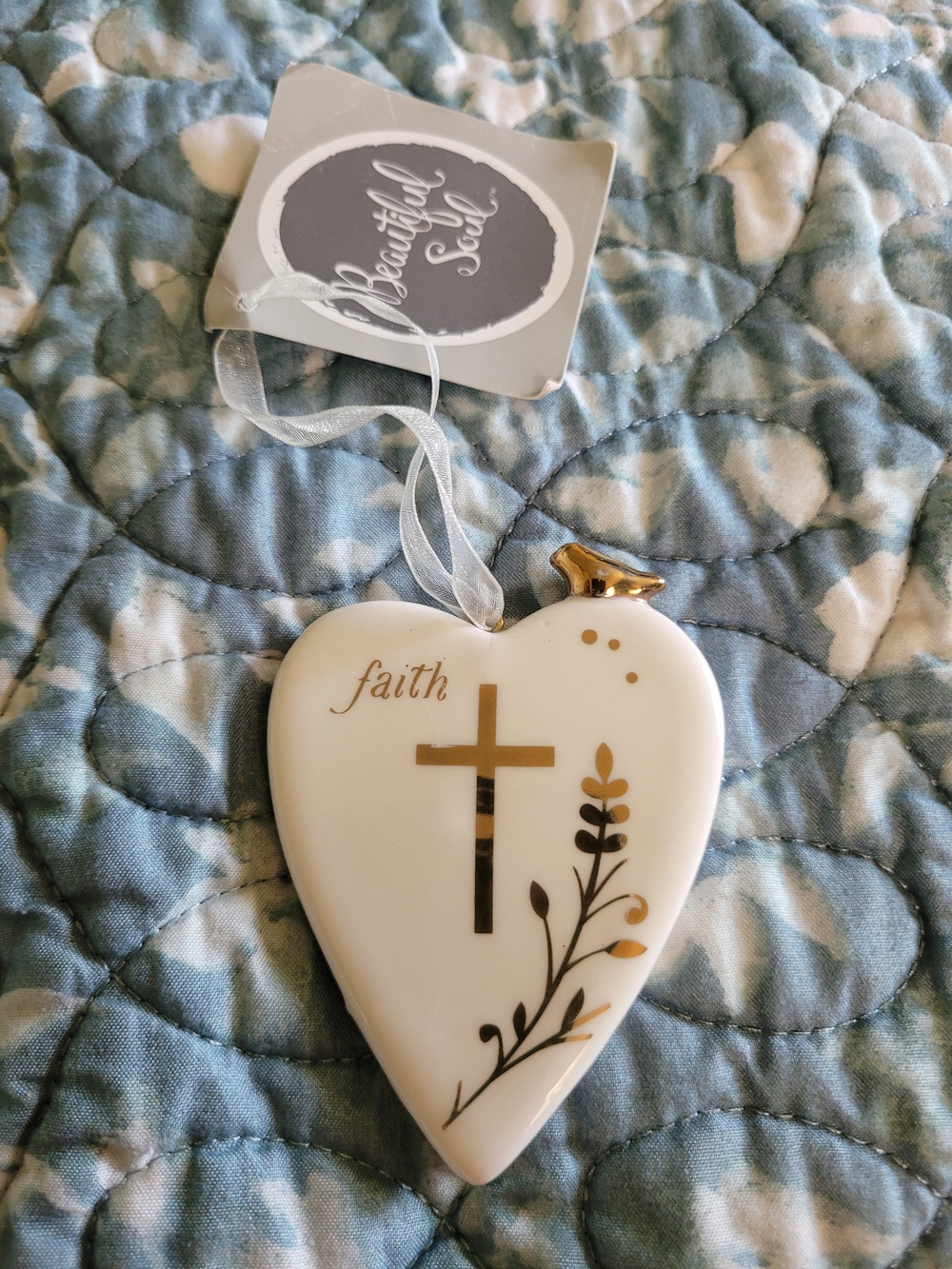 Faith Heart Ceramic Ornament with Gold Cross